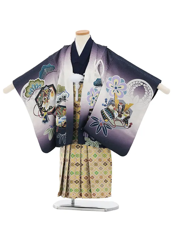 かんたん七五三(5歳男袴)X886 ネイビー紫ぼかし吉祥文様鷹×ゴールド