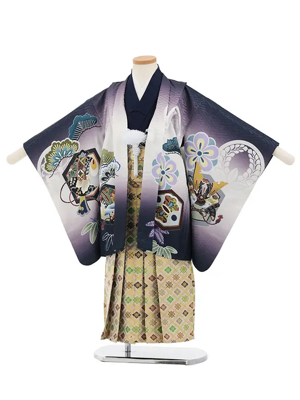 かんたん七五三(5歳男袴)X886 ネイビー紫ぼかし吉祥文様鷹×ゴールド