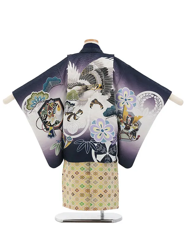 かんたん七五三(5歳男袴)X886 ネイビー紫ぼかし吉祥文様鷹×ゴールド