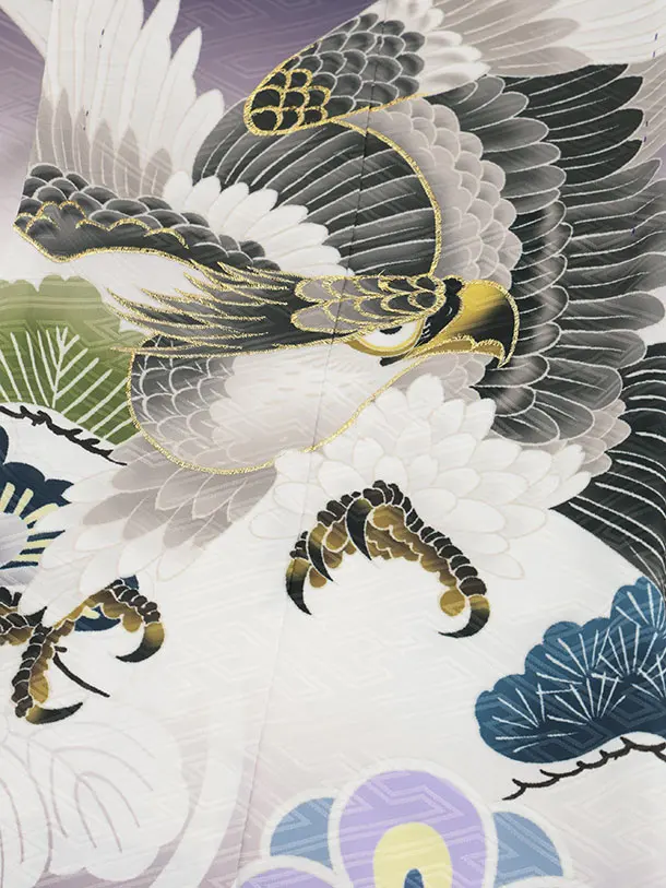 かんたん七五三(5歳男袴)X886 ネイビー紫ぼかし吉祥文様鷹×ゴールド