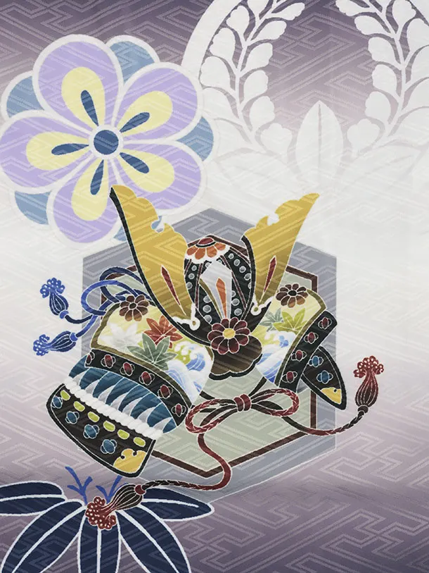 かんたん七五三(5歳男袴)X886 ネイビー紫ぼかし吉祥文様鷹×ゴールド