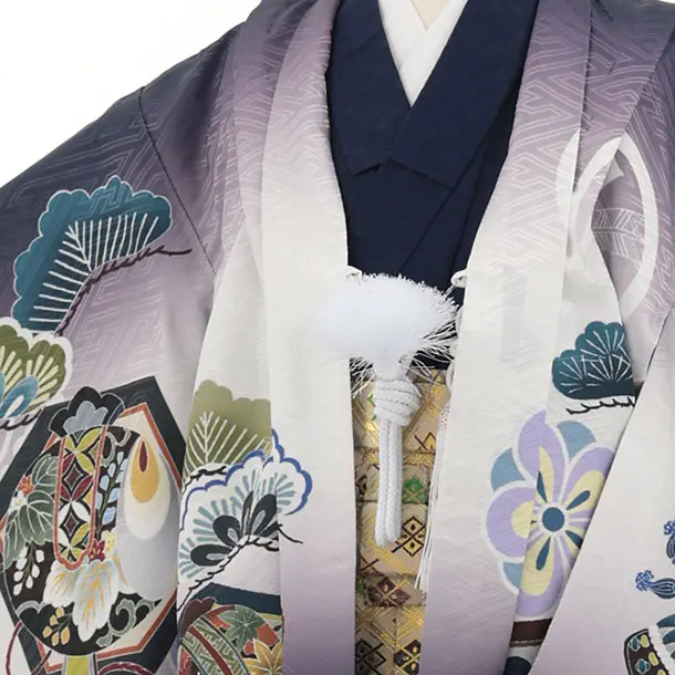 かんたん七五三(5歳男袴)X886 ネイビー紫ぼかし吉祥文様鷹×ゴールド