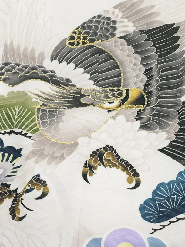 かんたん七五三(5歳男袴)X887 白地裾黒吉祥文様鷹×黒縞袴