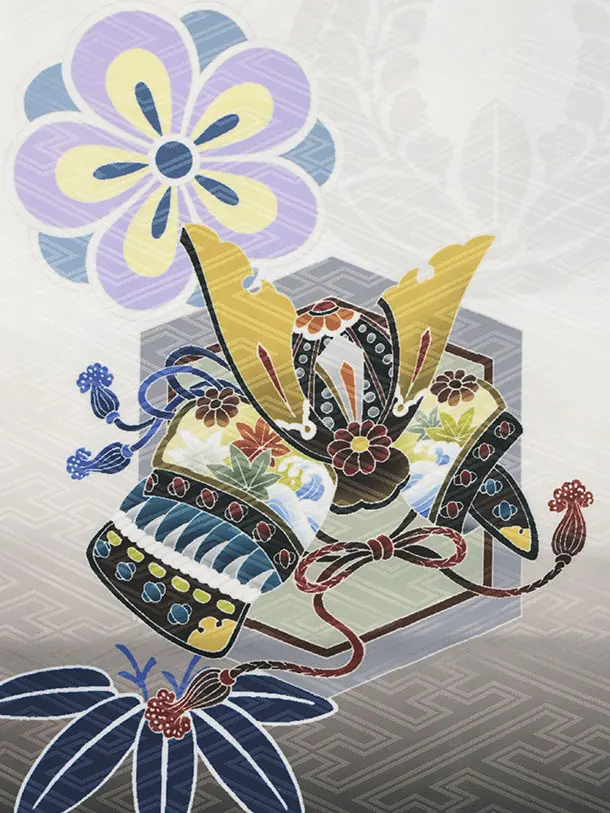 かんたん七五三(5歳男袴)X887 白地裾黒吉祥文様鷹×黒縞袴