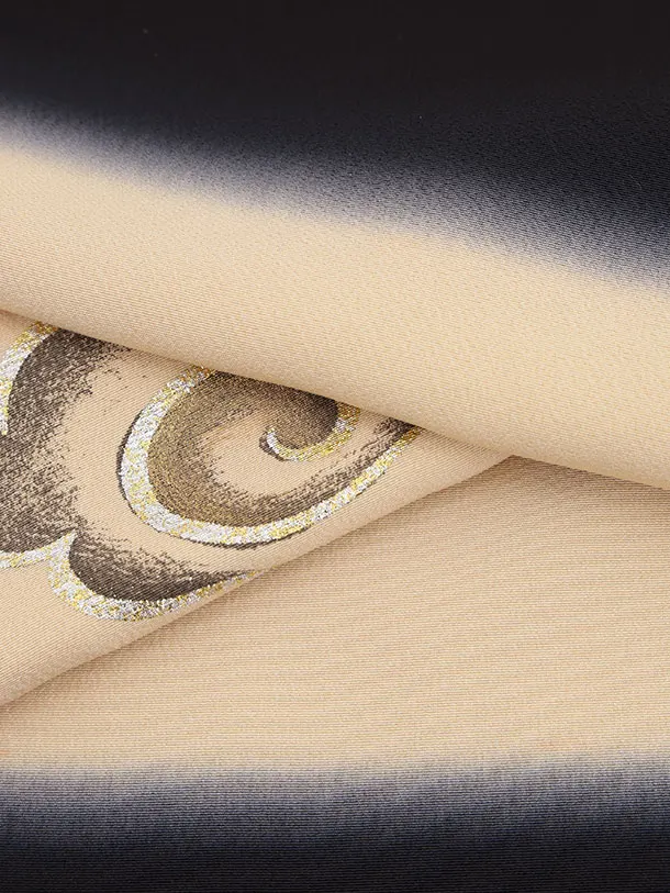 七五三(5歳男袴)X889 【高級正絹】黒ベージュ流雲に刺繍二羽鷹×ゴールド菱