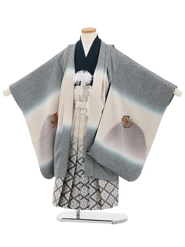 七五三(5歳男袴)X890 【高級正絹】紺ベージュ疋田柄刺繍丸紋鷹×白紺ぼかし菱