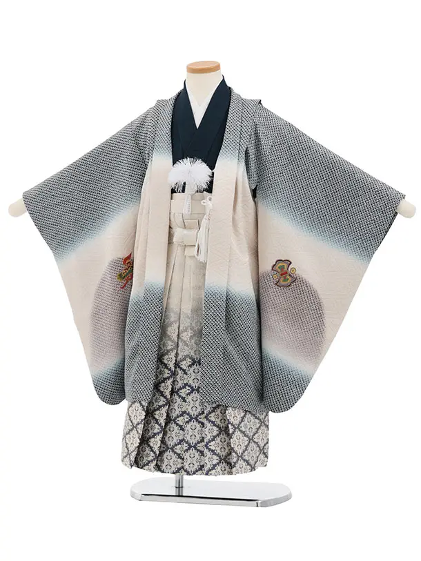 七五三(5歳男袴)X890 【高級正絹】紺ベージュ疋田柄刺繍丸紋鷹×白紺ぼかし菱