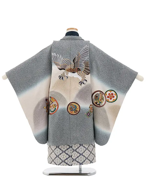 七五三(5歳男袴)X890 【高級正絹】紺ベージュ疋田柄刺繍丸紋鷹×白紺ぼかし菱