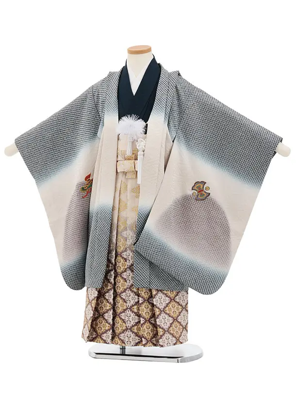 七五三(5歳男袴)X891 【高級正絹】紺ベージュ疋田柄刺繍丸紋兜×ベージュ菱