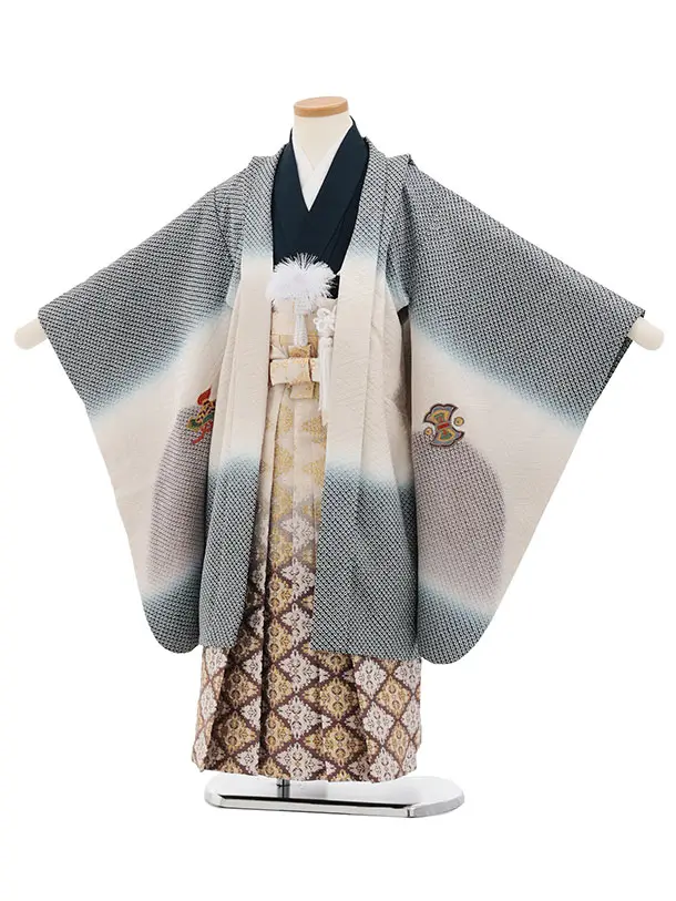 七五三(5歳男袴)X891 【高級正絹】紺ベージュ疋田柄刺繍丸紋兜×ベージュ菱