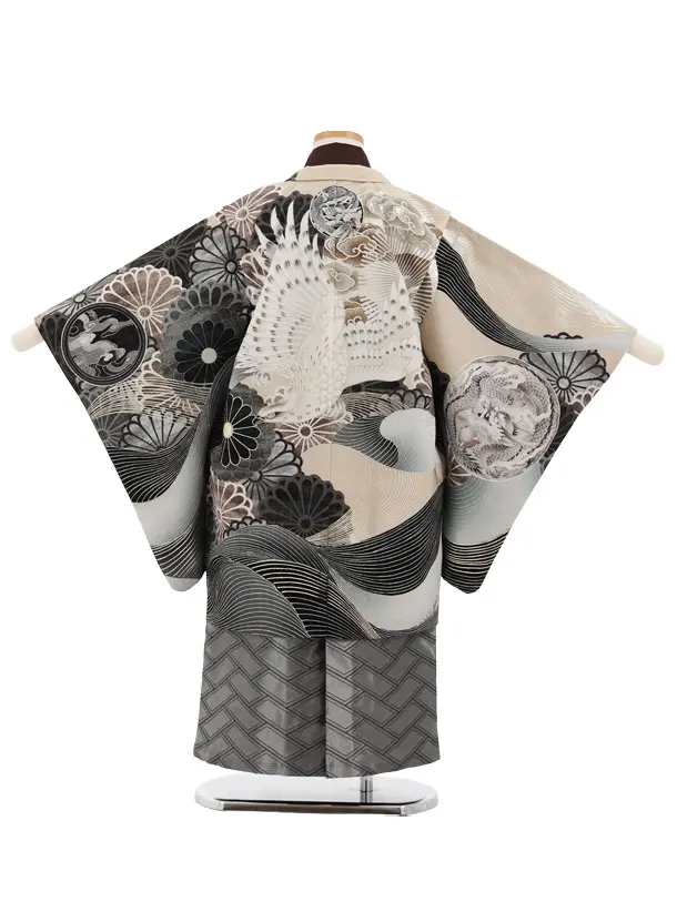 かんたん(5歳袴)X894 JAPANSTYLE ベージュ黒 波に菊鷹×シルバー