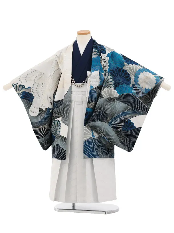 かんたん(5歳男袴)X895 JAPANSTYLE オフ白ブルー 波に菊鷹×白