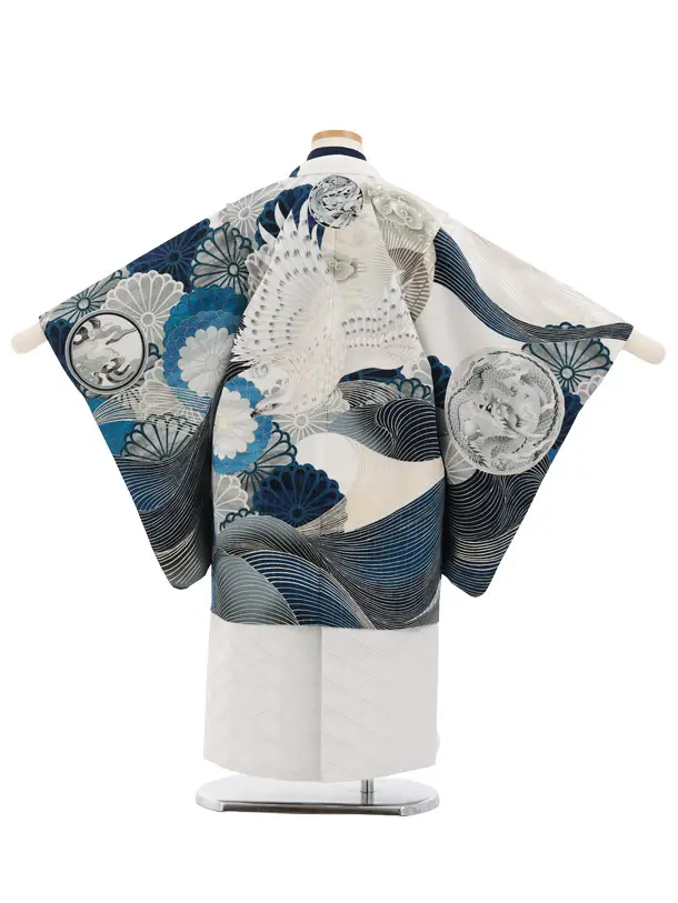 かんたん(5歳男袴)X895 JAPANSTYLE オフ白ブルー 波に菊鷹×白