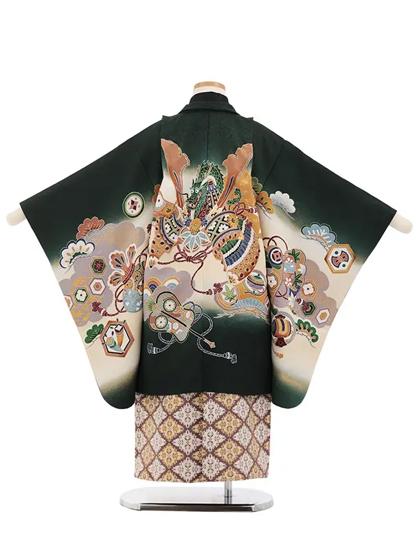 七五三レンタル(5歳男袴)X905 グリーン かぶとに吉祥文様×ベージュ茶ぼかし