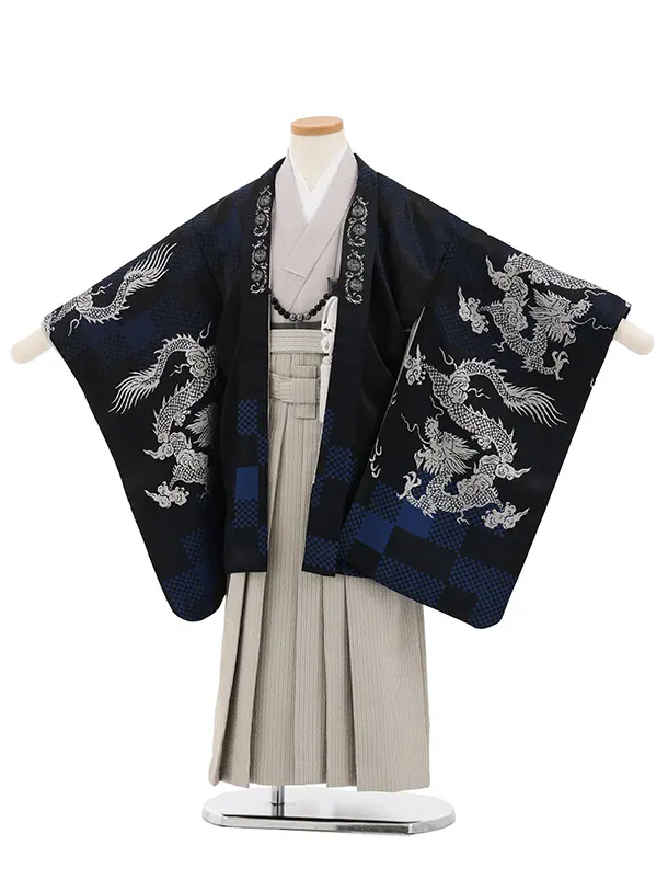 かんたん七五三(5歳男袴)X926 紺ブルー 市松に龍×グレージュ