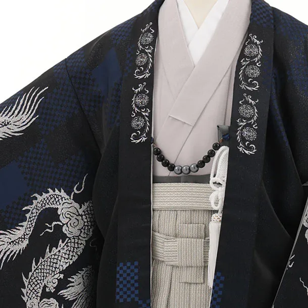 かんたん七五三(5歳男袴)X926 紺ブルー 市松に龍×グレージュ