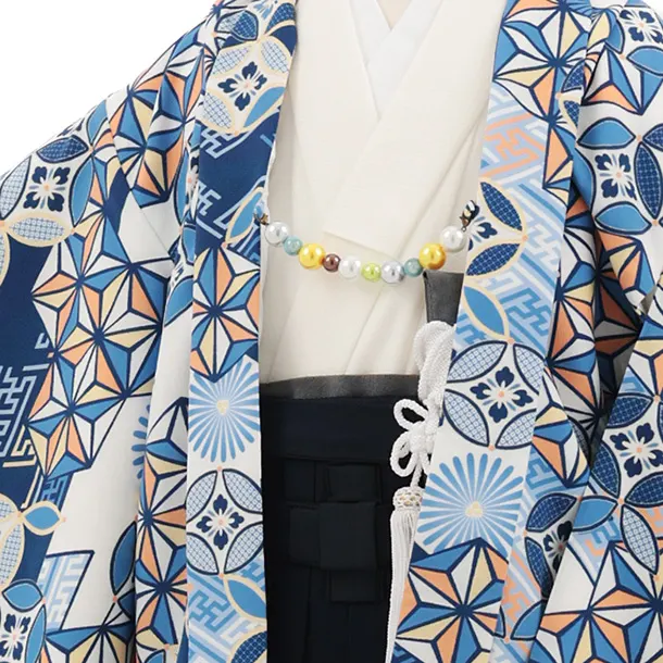 かんたん七五三(5歳男袴)X934 白ブルー 幾何学文様×紺