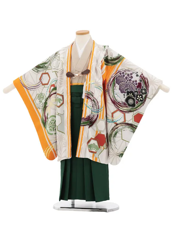 かんたん七五三(5歳男袴)X935 TOREMORY白地 カラフル吉祥文様×緑
