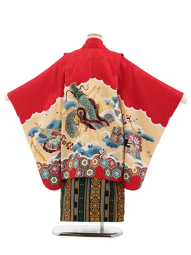 七五三(5歳男袴)X973【高級正絹】赤地 波に龍×緑金