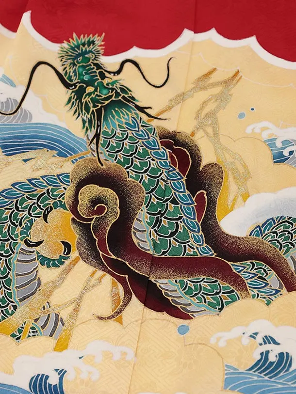 七五三(5歳男袴)X973【高級正絹】赤地 波に龍×緑金