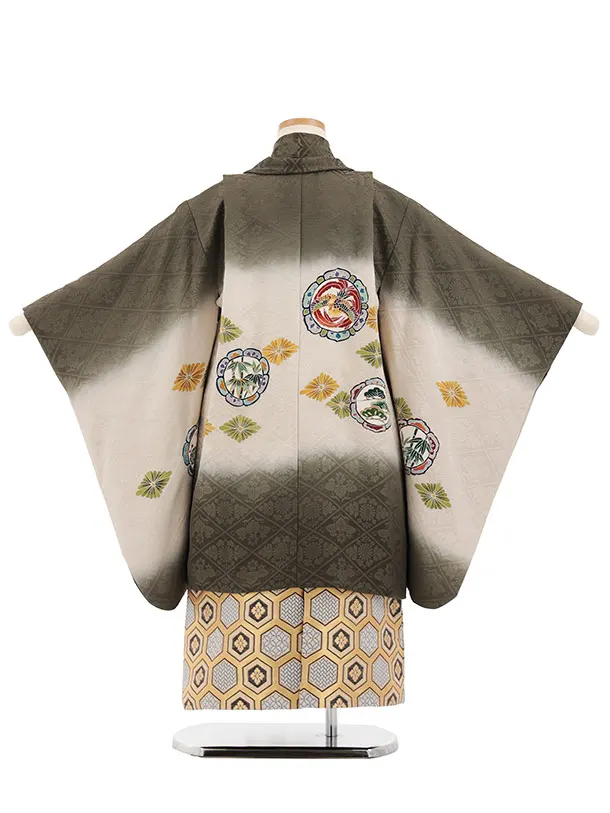 七五三(5歳男袴)X977【高級正絹】海松色 染め分け 吉祥文様×金亀甲