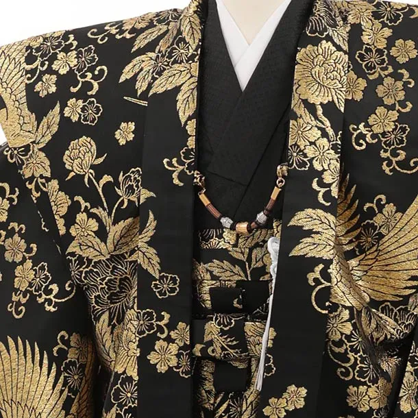 七五三レンタル(5歳男袴)X986 陣羽織 黒金鶴×黒金鶴