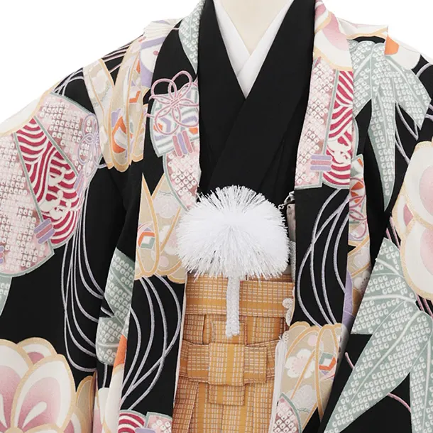 かんたん七五三(5歳男袴)X999 黒 桧扇に竹ねじり花 × からし