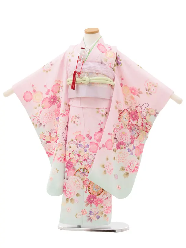 七五三(5歳女児)0671 ピンク 裾薄ミント 鼓に花