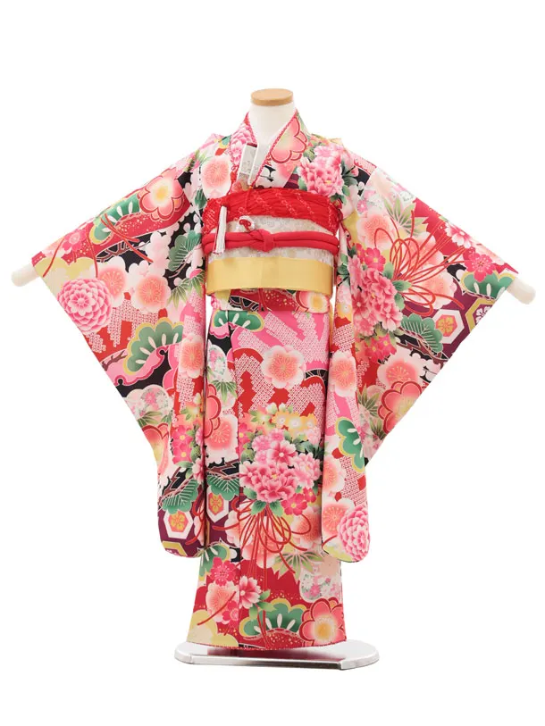 七五三(5歳女児)0673 赤ピンク 松竹梅に薬玉