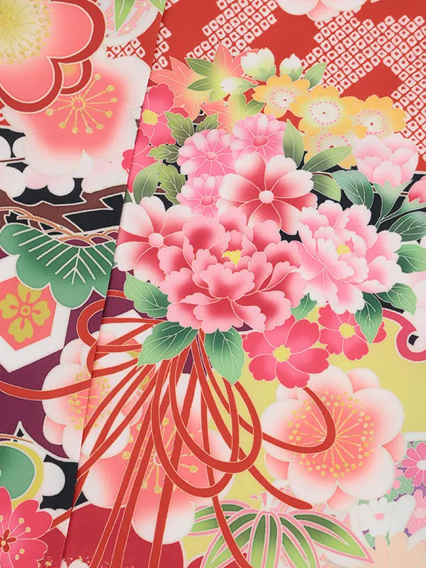 七五三(5歳女児)0673 赤ピンク 松竹梅に薬玉