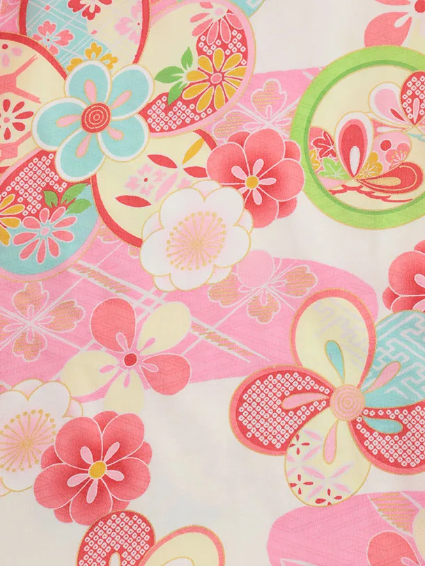 七五三(5歳女児)0678 クリームピンク丸紋 ねじり梅