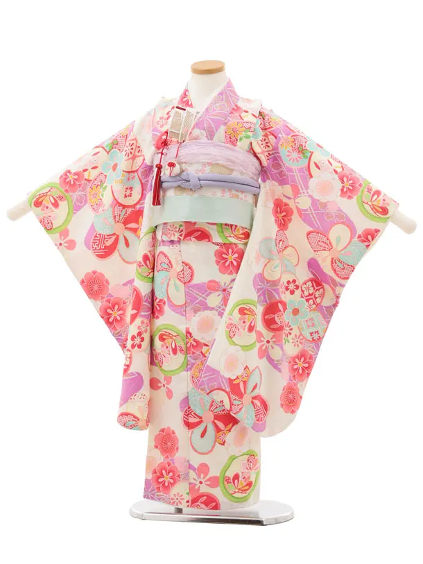 七五三(5歳女児)0682 クリームパープル丸紋 ねじり菊
