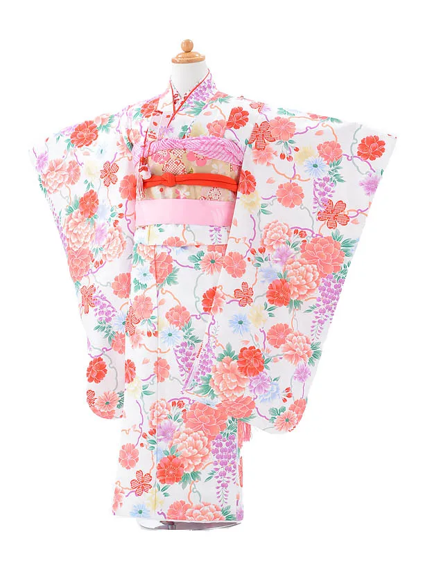 753レンタル(7歳女結び帯)0781白地花と雪輪