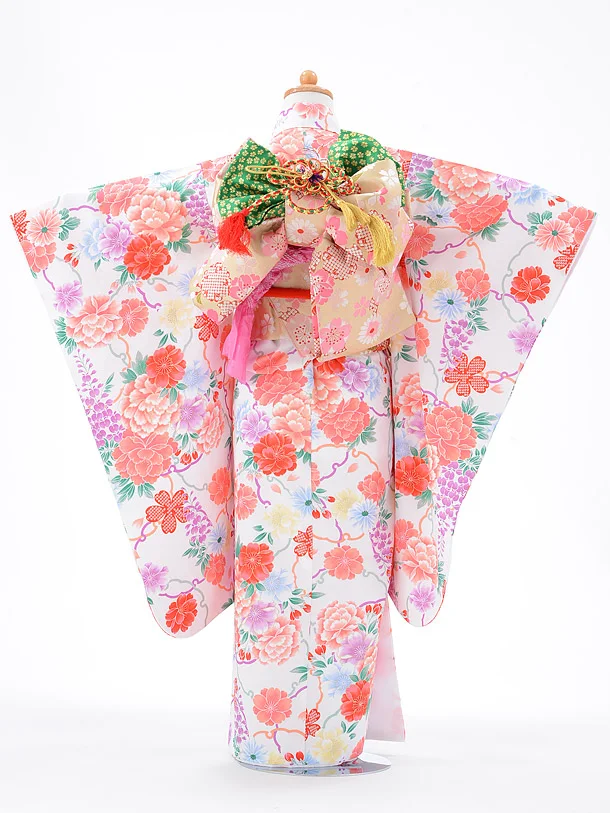 753レンタル(7歳女結び帯)0781白地花と雪輪