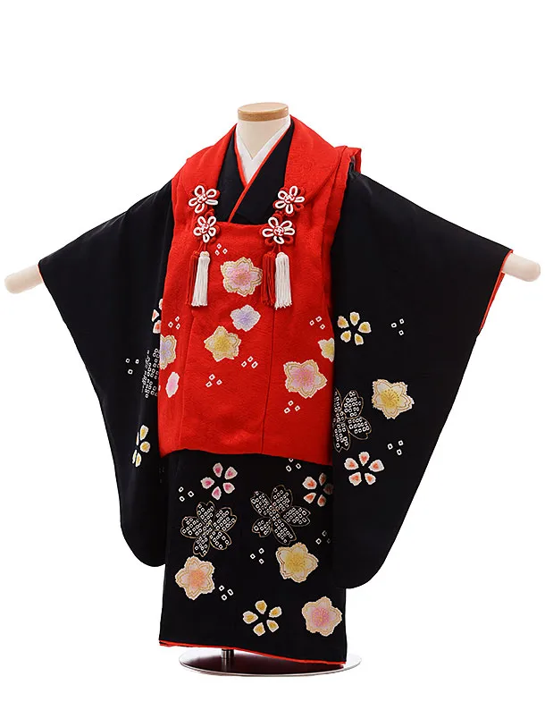 七五三(3歳女被布)3659 正絹 赤×黒地 桜