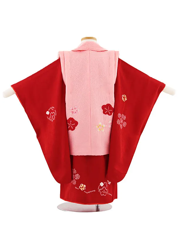 七五三レンタル(3歳女児被布)4693【高級正絹】ピンク刺繍鈴×赤地梅