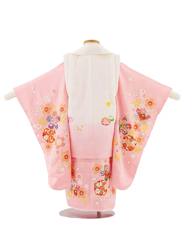 七五三レンタル(3歳女児被布)4696【正絹】白ぼかしピンク×ピンク桜