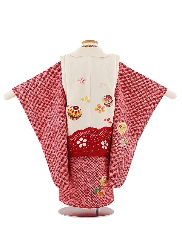 七五三レンタル(3歳女児被布)4699【正絹】白×赤絞り 金コマ刺繍 鞠