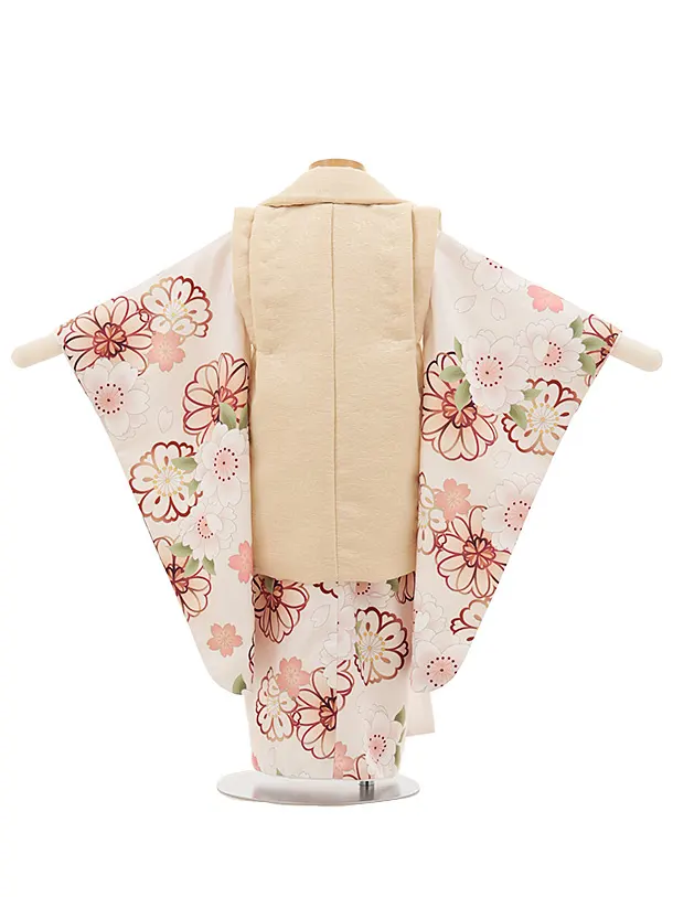 七五三レンタル(3歳女児被布)4785 クリームベージュ×淡ピンクベージュ桜牡丹