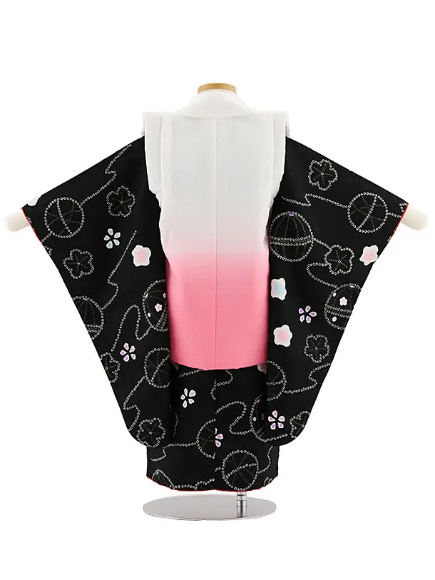 七五三レンタル(3歳女児被布)4795 白地ぼかし鞠×黒鞠桜