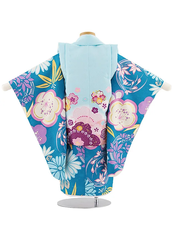 七五三レンタル(3歳女児被布)4802 水色桜×ターコイズ梅菊