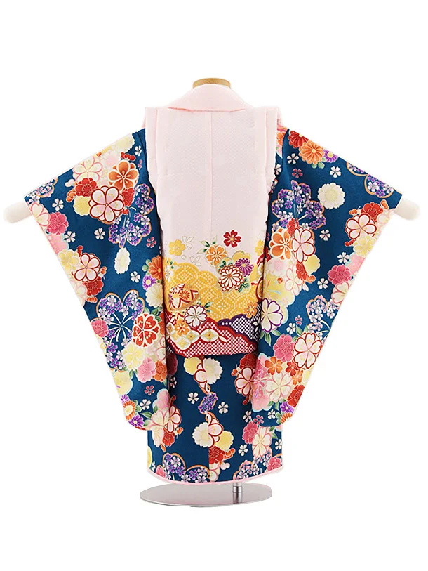七五三レンタル(3歳女児被布)4806 ピンク雲取り鞠×青緑桜菊