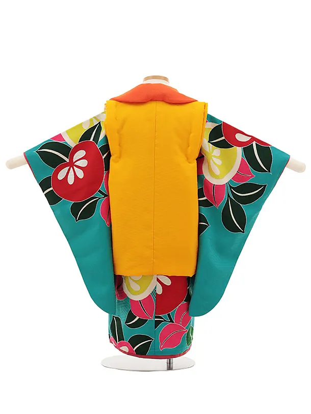 七五三(3歳女児被布)4813 モダンアンテナ オレンジ千鳥×ターコイズ橘