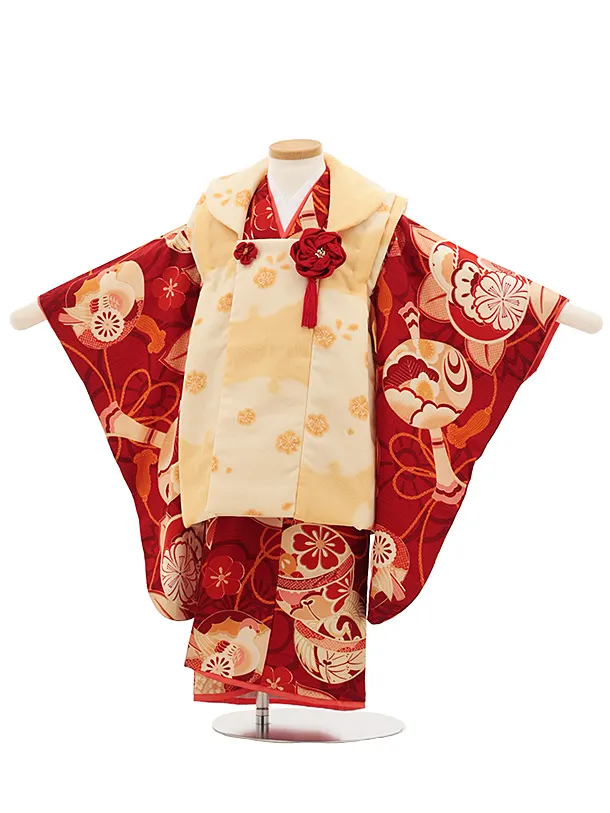 七五三レンタル(3歳女児被布)4818 京舞 薄橙色×赤古典