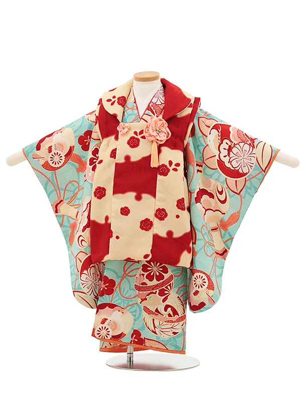 七五三レンタル(3歳女児被布)4819 京舞 赤×水色古典
