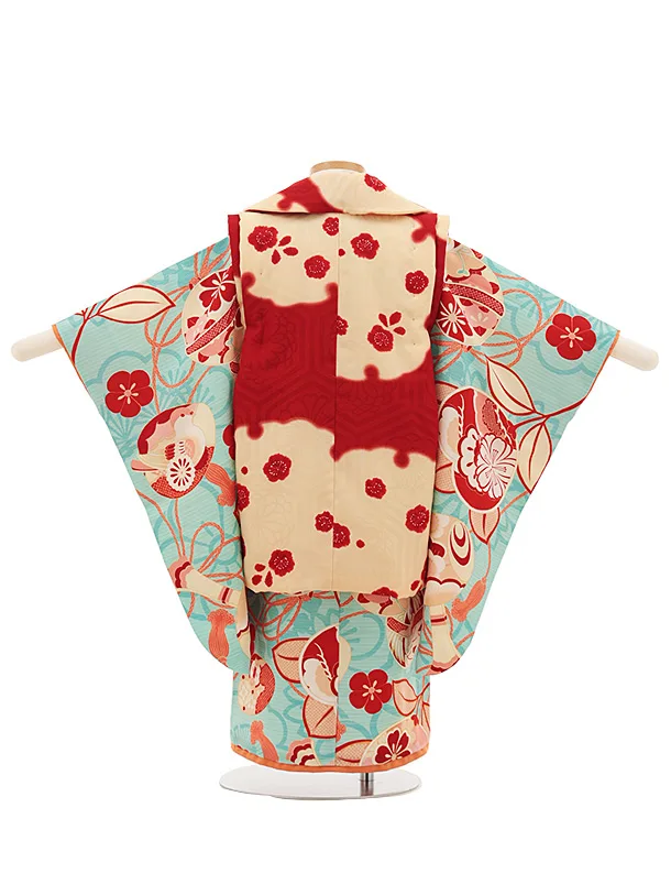 七五三レンタル(3歳女児被布)4819 京舞 赤×水色古典