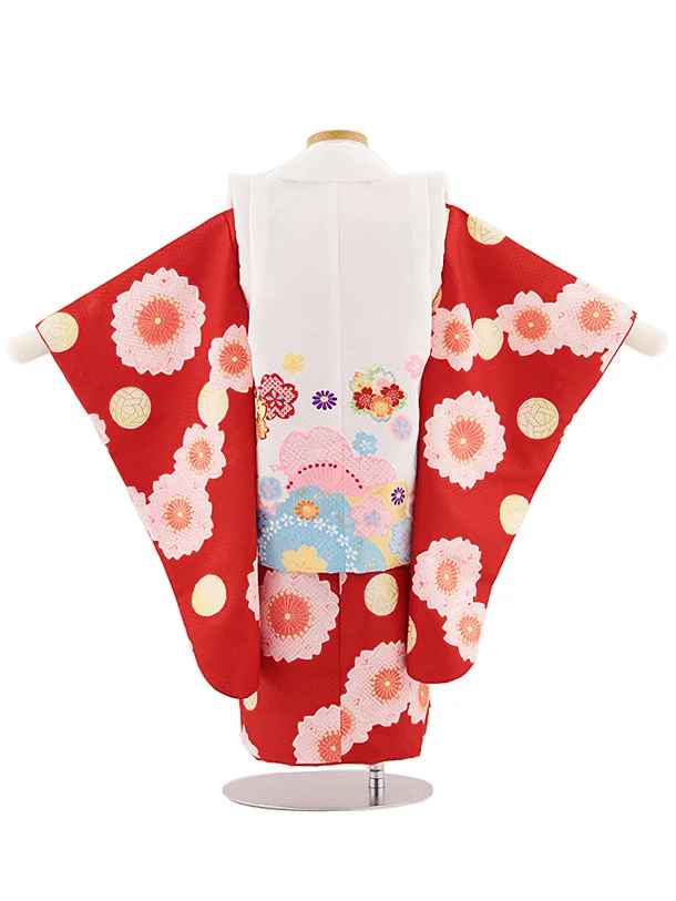 七五三レンタル(3歳女児被布)4825 白地桜×赤桜鞠