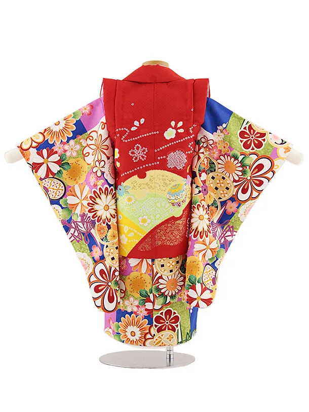 七五三レンタル(3歳女児被布)4843 赤鞠×青地ねじり梅