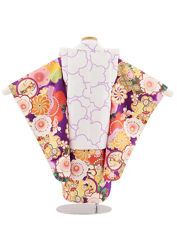 七五三レンタル(3歳女児被布)4844 白地刺繍桜×紫古典花