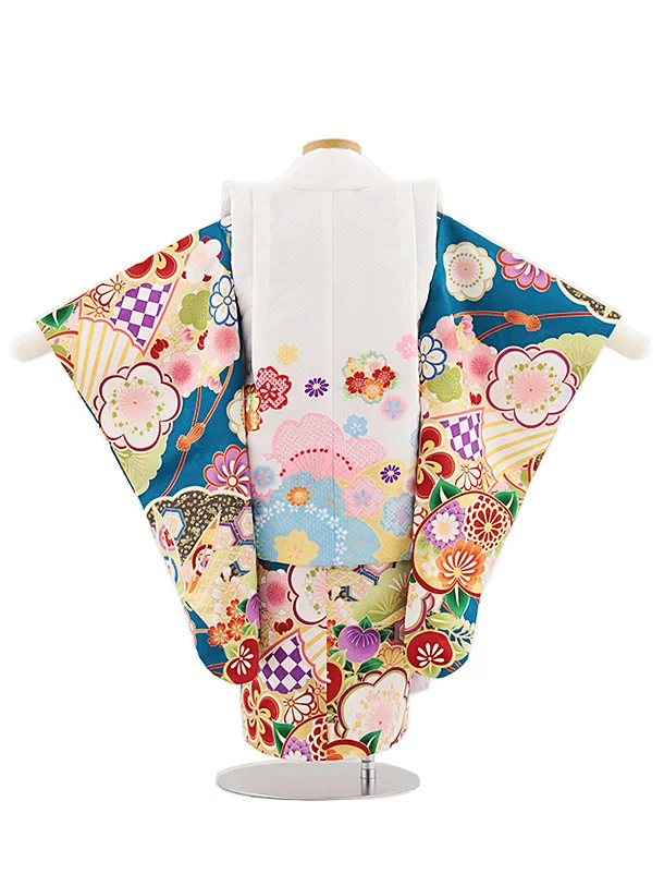 七五三レンタル(3歳女児被布)4847 白地桜×青緑梅橘